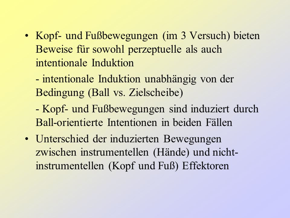 Kopf- und Fußbewegungen (im 3 Versuch) bieten Beweise für sowohl perzeptuelle als auch intentionale Induktion