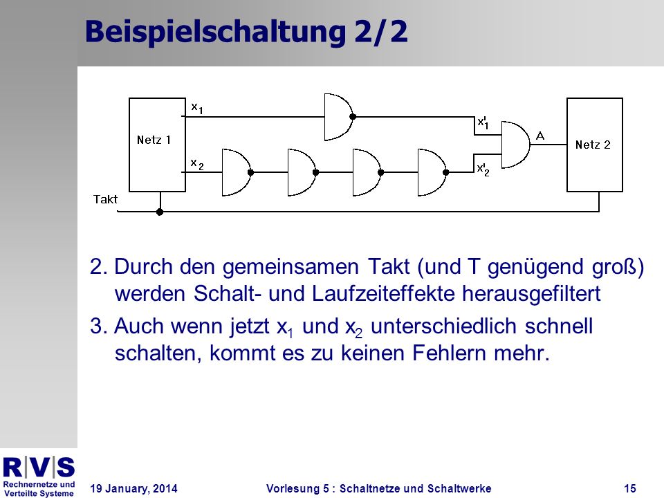 Beispielschaltung 2/2 2. Durch den gemeinsamen Takt (und T genügend groß) werden Schalt- und Laufzeiteffekte herausgefiltert.