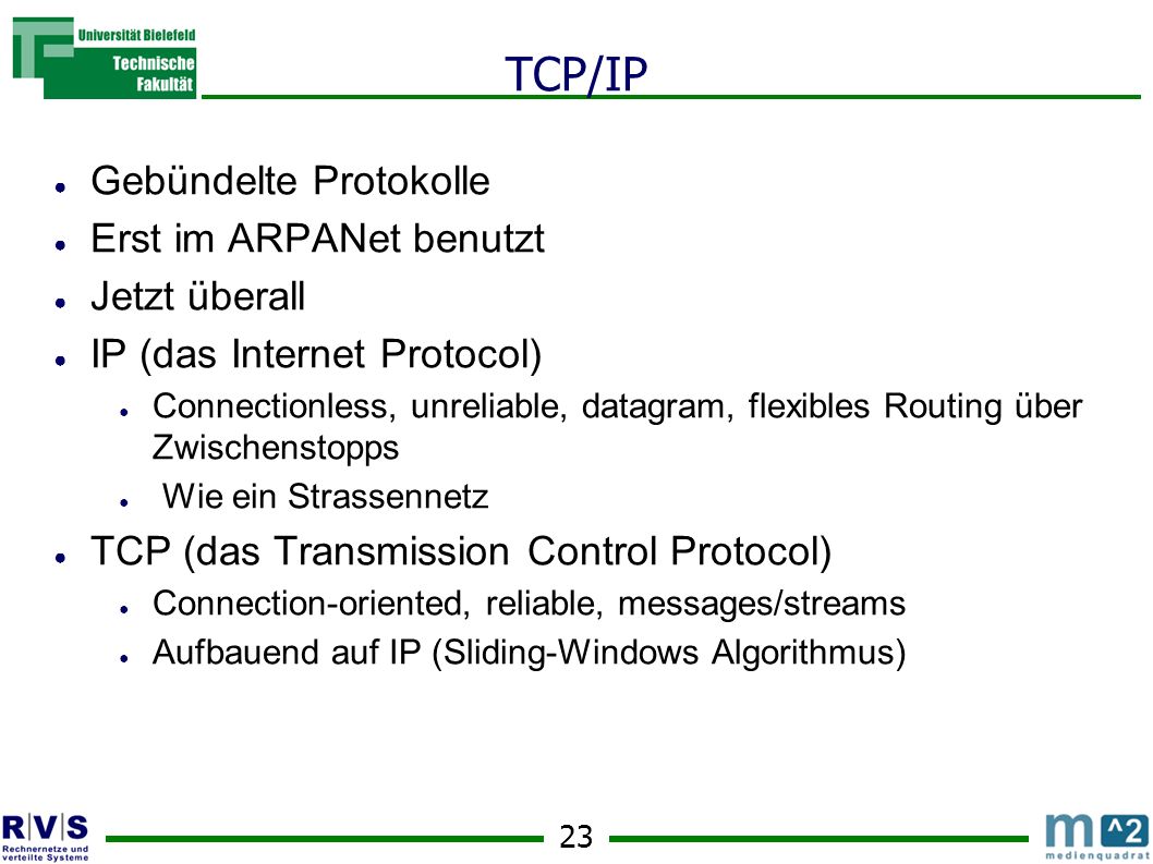 TCP/IP Gebündelte Protokolle Erst im ARPANet benutzt Jetzt überall