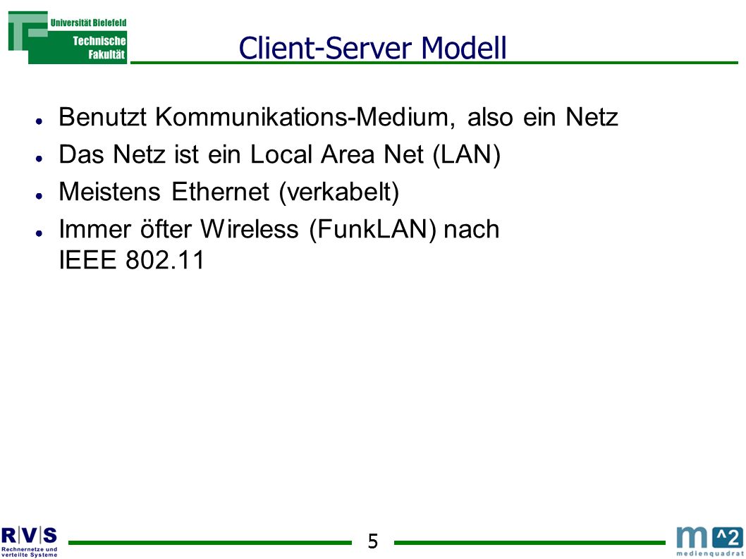 Client-Server Modell Benutzt Kommunikations-Medium, also ein Netz