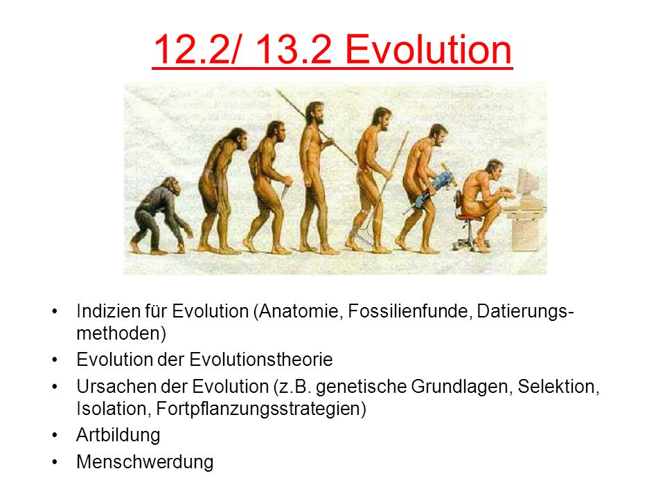 12.2/ 13.2 Evolution Indizien für Evolution (Anatomie, Fossilienfunde, Datierungs-methoden) Evolution der Evolutionstheorie.