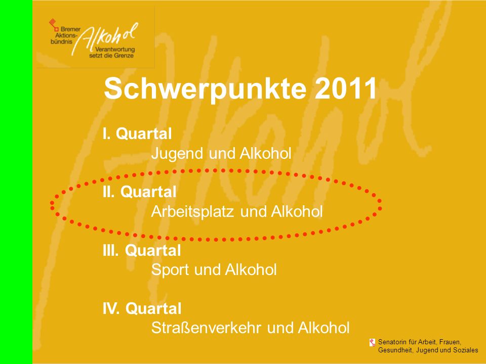Schwerpunkte 2011 I. Quartal Jugend und Alkohol II. Quartal