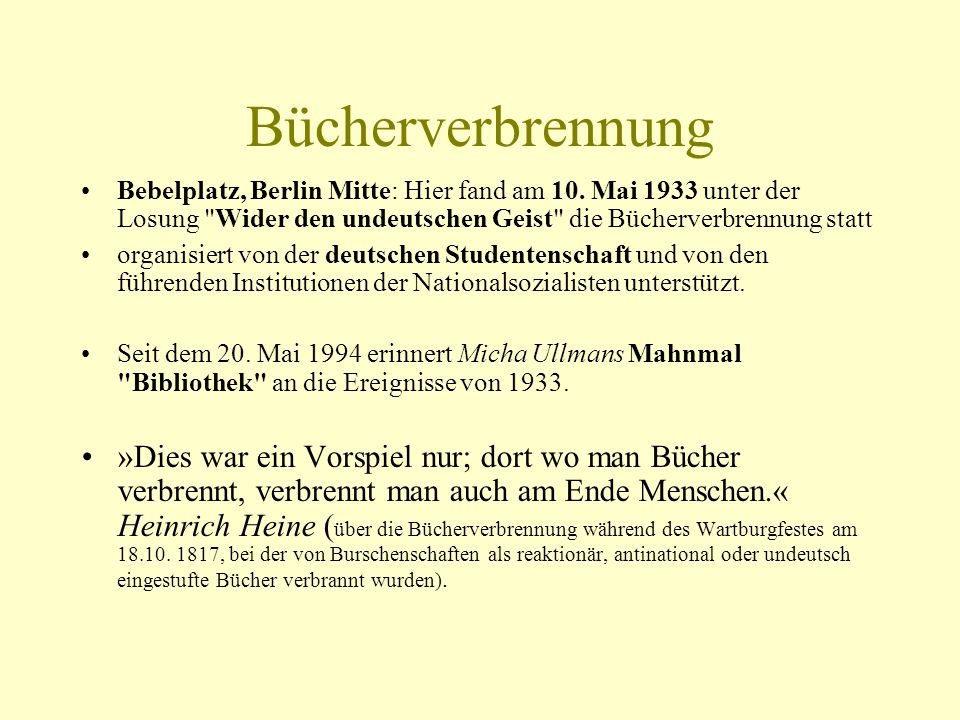 Bücherverbrennung Bebelplatz, Berlin Mitte: Hier fand am 10. Mai 1933 unter der Losung Wider den undeutschen Geist die Bücherverbrennung statt.