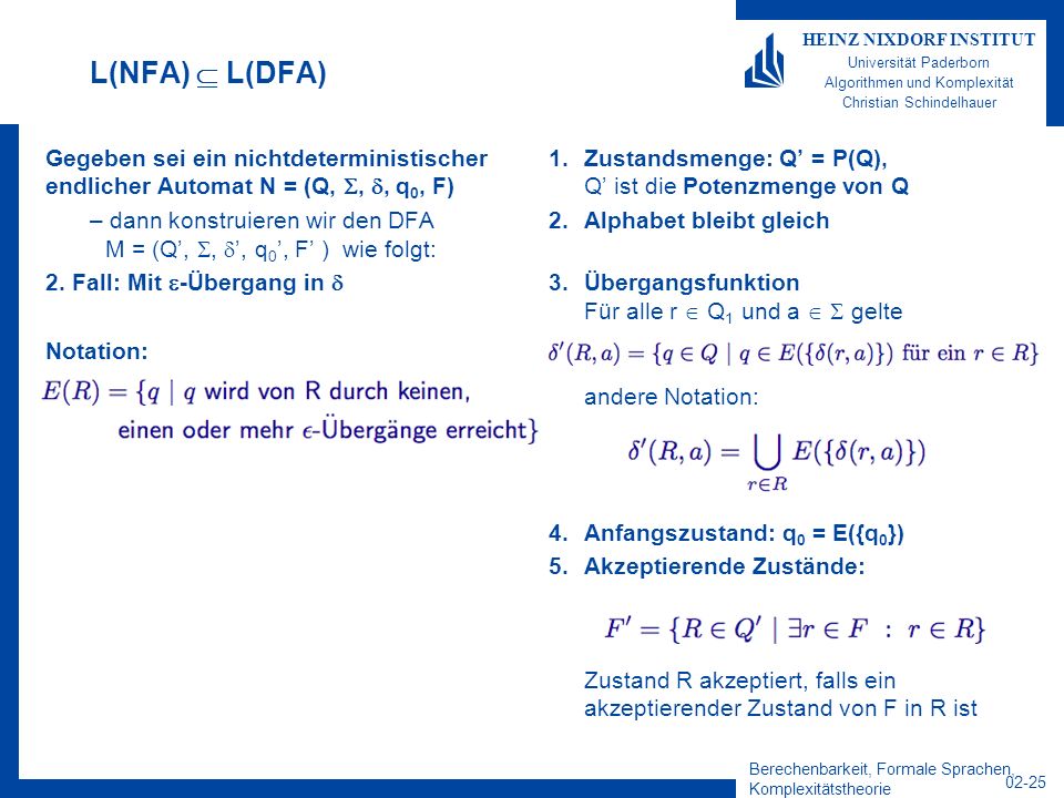 L(NFA)  L(DFA) Gegeben sei ein nichtdeterministischer endlicher Automat N = (Q, , , q0, F)