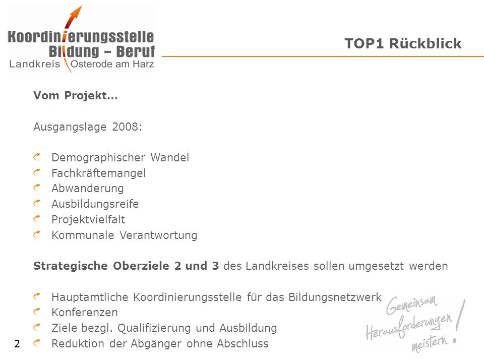 TOP1 Rückblick 2 Vom Projekt… Ausgangslage 2008: