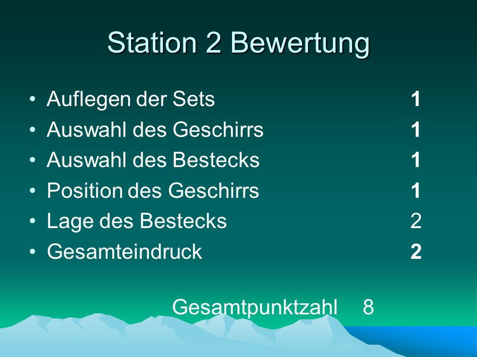 Station 2 Bewertung Auflegen der Sets 1 Auswahl des Geschirrs 1