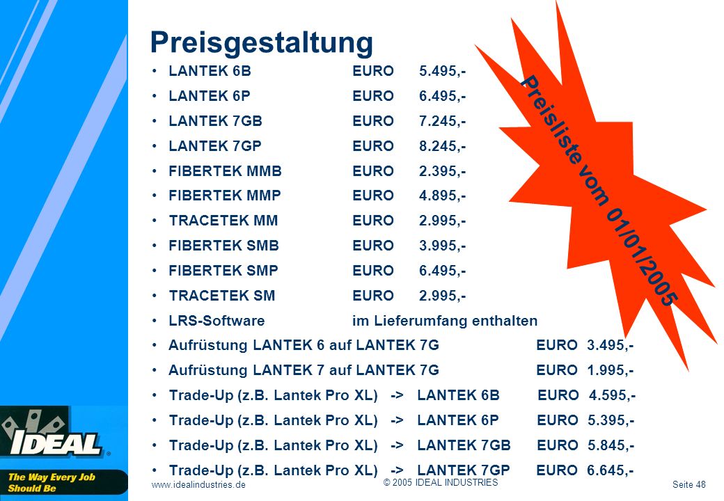 Preisgestaltung Preisliste vom 01/01/2005 LANTEK 6B EURO 5.495,-