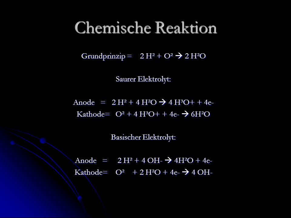 Chemische Reaktion Grundprinzip = 2 H² + O²  2 H²O Saurer Elektrolyt: