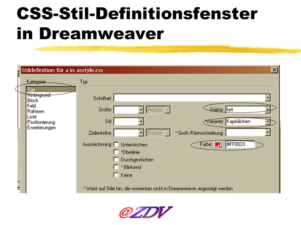 CSS-Stil-Definitionsfenster in Dreamweaver