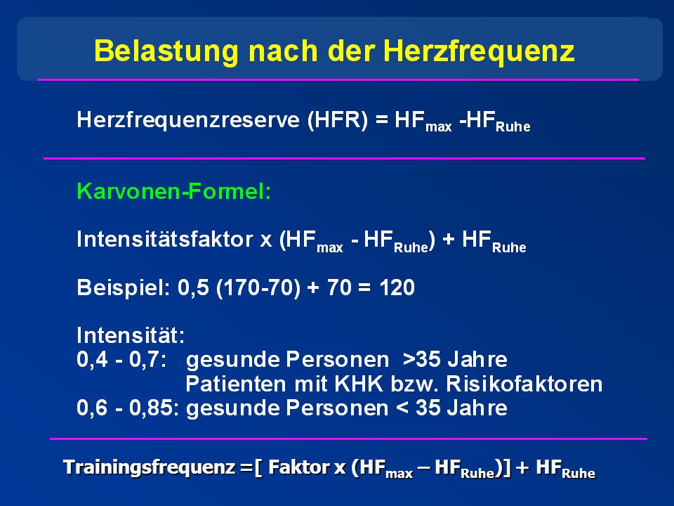 Trainingsfrequenz =[ Faktor x (HFmax – HFRuhe)] + HFRuhe