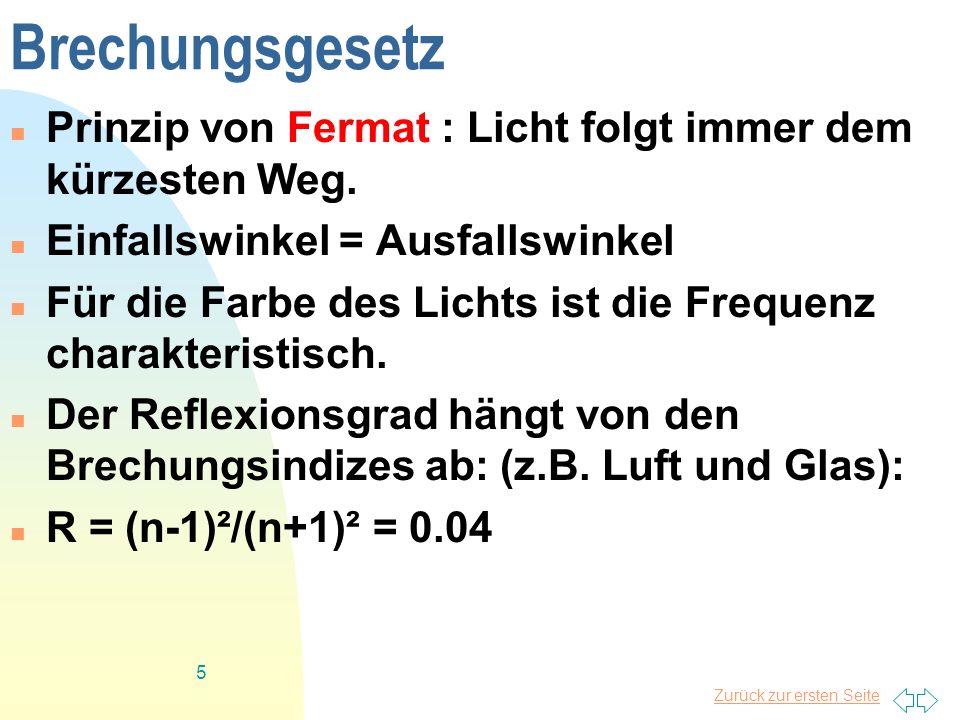 Brechungsgesetz Prinzip von Fermat : Licht folgt immer dem kürzesten Weg. Einfallswinkel = Ausfallswinkel.