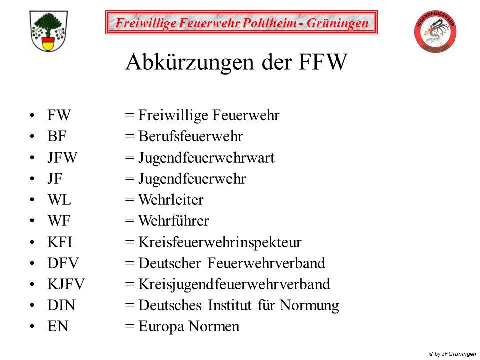 Abkürzungen der FFW FW = Freiwillige Feuerwehr BF = Berufsfeuerwehr