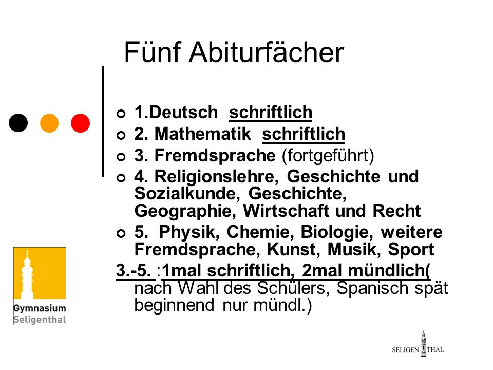 Fünf Abiturfächer 1.Deutsch schriftlich 2. Mathematik schriftlich