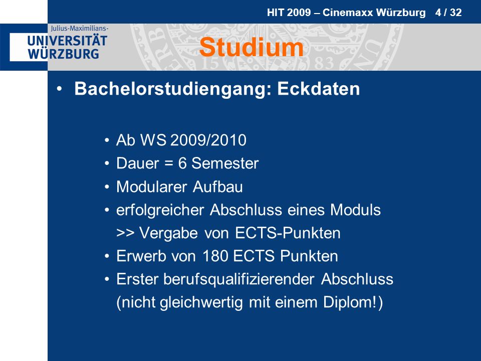 Studium Bachelorstudiengang: Eckdaten Ab WS 2009/2010