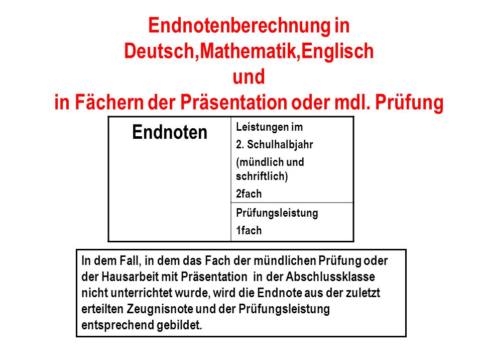 Endnotenberechnung in Deutsch,Mathematik,Englisch und