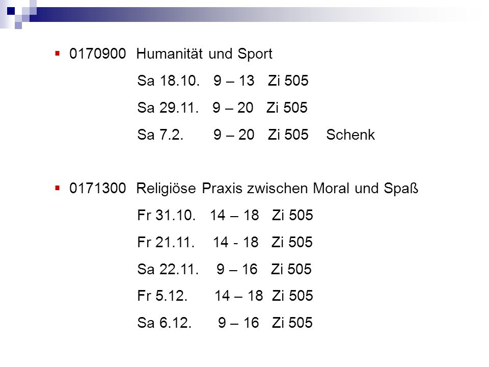 Humanität und Sport Sa – 13 Zi 505. Sa – 20 Zi 505. Sa – 20 Zi 505 Schenk.
