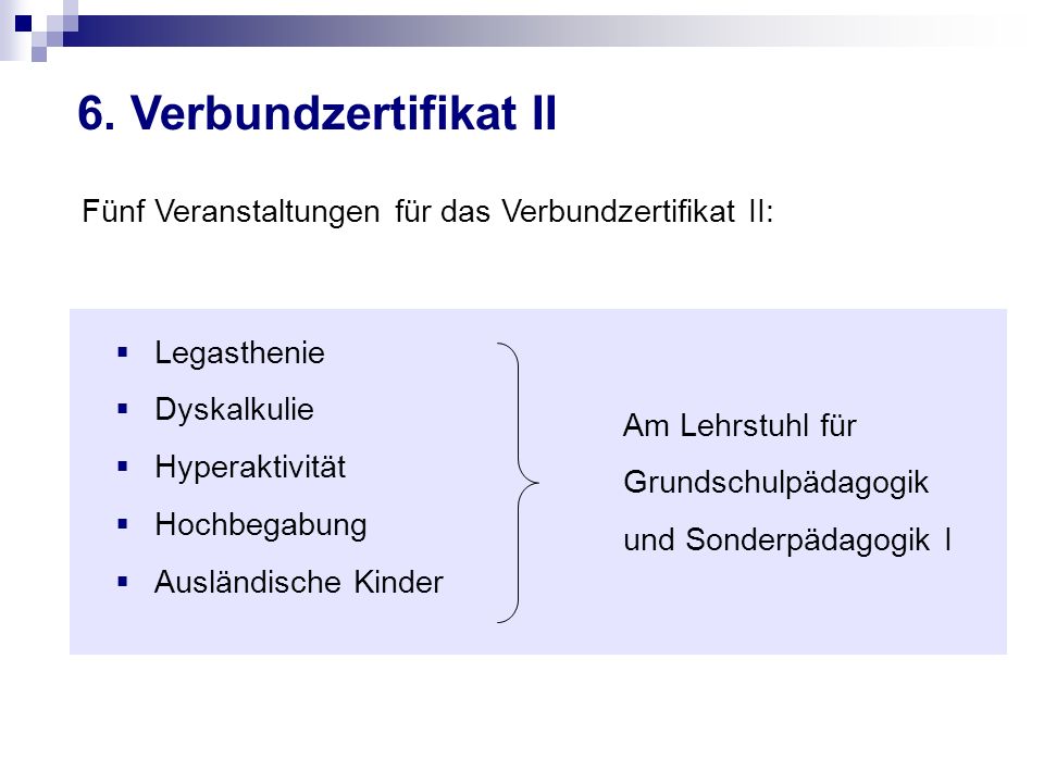 6. Verbundzertifikat II Fünf Veranstaltungen für das Verbundzertifikat II: Legasthenie. Dyskalkulie.