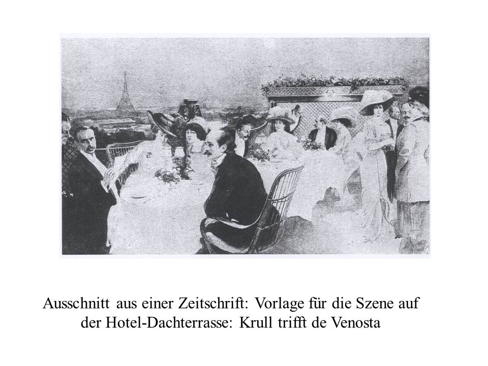 Ausschnitt aus einer Zeitschrift: Vorlage für die Szene auf der Hotel-Dachterrasse: Krull trifft de Venosta