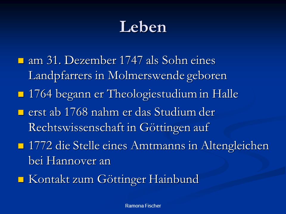 Leben am 31. Dezember 1747 als Sohn eines Landpfarrers in Molmerswende geboren begann er Theologiestudium in Halle.