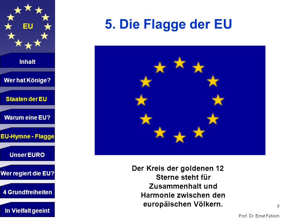 5. Die Flagge der EU EU. Inhalt. Wer hat Könige Staaten der EU. Staaten der EU. Warum eine EU