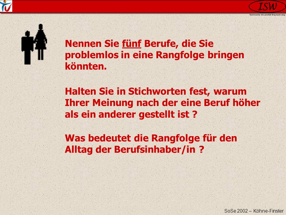 Nennen Sie fünf Berufe, die Sie problemlos in eine Rangfolge bringen könnten.