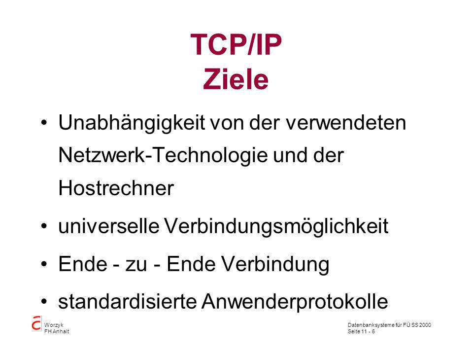 TCP/IP Ziele Unabhängigkeit von der verwendeten Netzwerk-Technologie und der Hostrechner. universelle Verbindungsmöglichkeit.