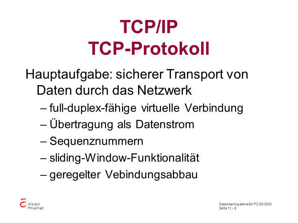 TCP/IP TCP-Protokoll Hauptaufgabe: sicherer Transport von Daten durch das Netzwerk. full-duplex-fähige virtuelle Verbindung.