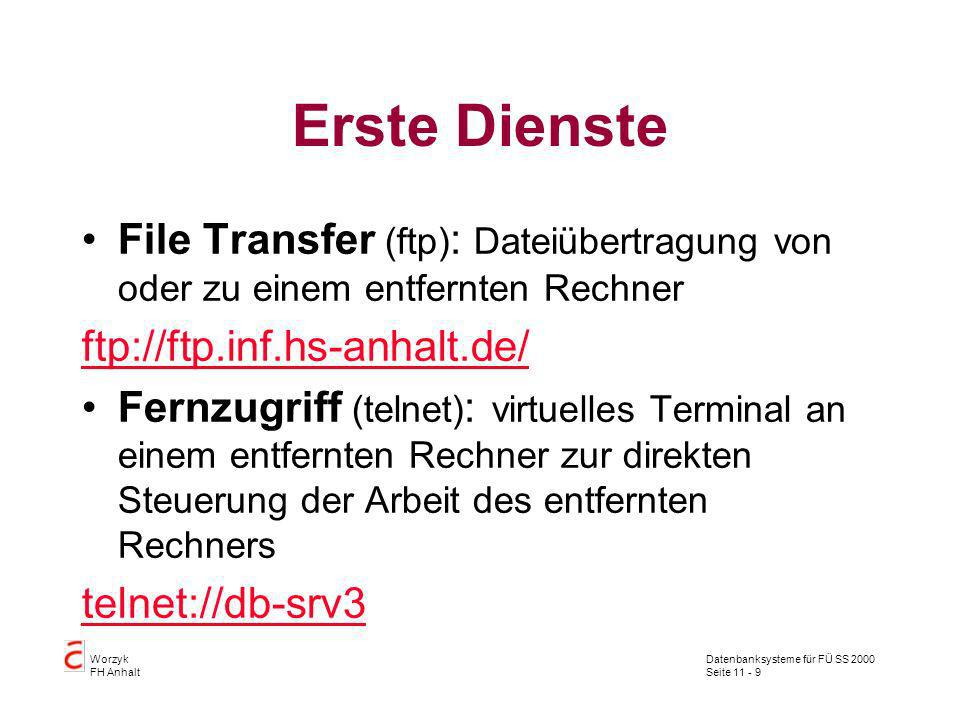 Erste Dienste File Transfer (ftp): Dateiübertragung von oder zu einem entfernten Rechner. ftp://ftp.inf.hs-anhalt.de/