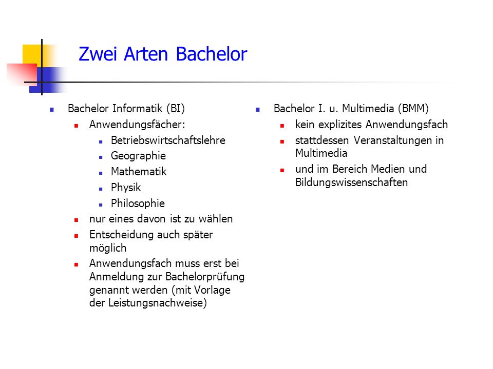 Zwei Arten Bachelor Bachelor Informatik (BI) Anwendungsfächer: