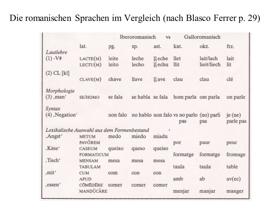 Die romanischen Sprachen im Vergleich (nach Blasco Ferrer p. 29)