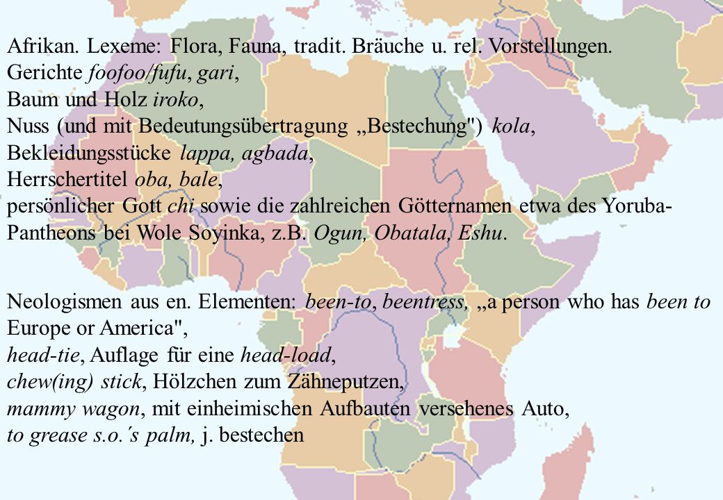 Afrikan. Lexeme: Flora, Fauna, tradit. Bräuche u. rel. Vorstellungen.