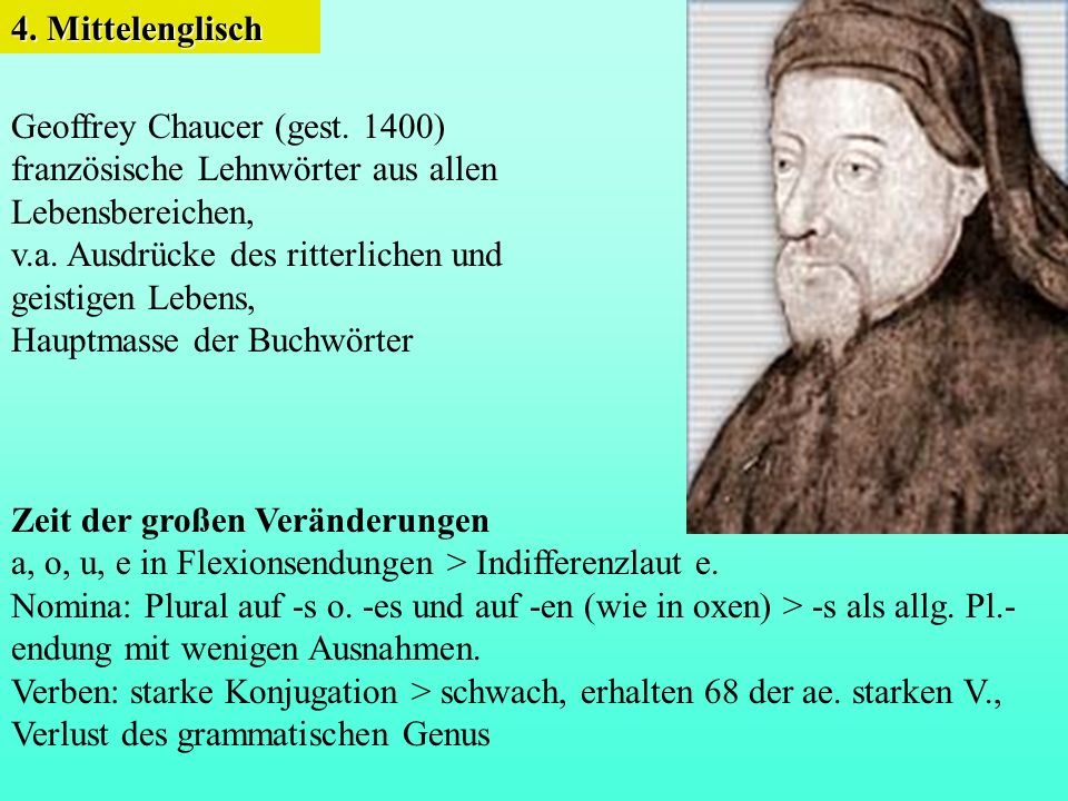 4. Mittelenglisch Geoffrey Chaucer (gest. 1400) französische Lehnwörter aus allen. Lebensbereichen,