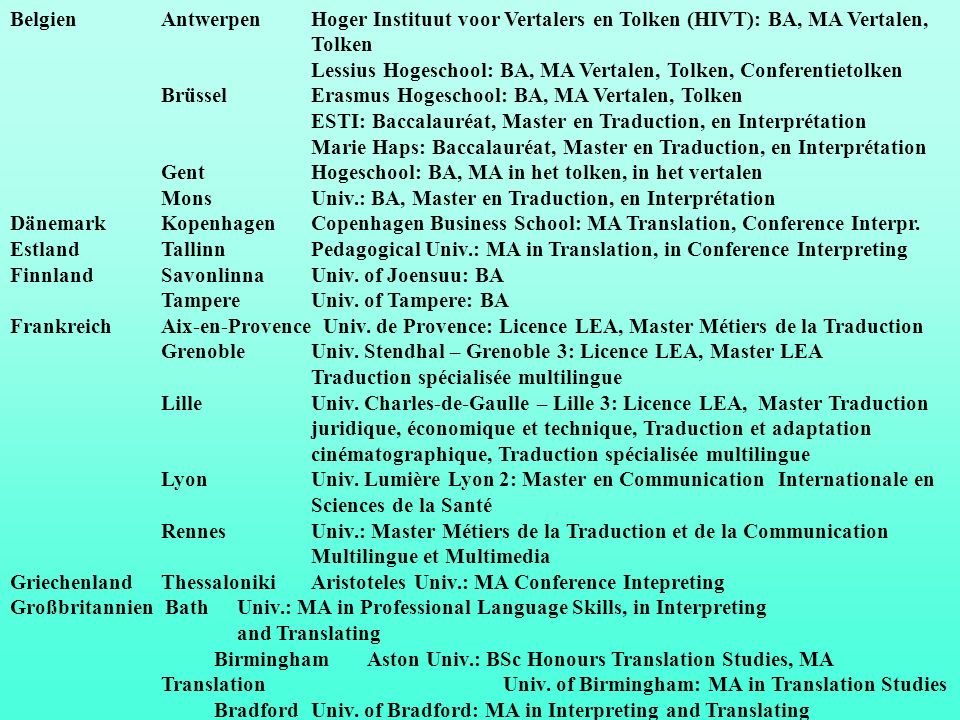 Belgien Antwerpen Hoger Instituut voor Vertalers en Tolken (HIVT): BA, MA Vertalen, Tolken