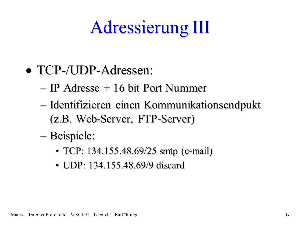 Adressierung III TCP-/UDP-Adressen: IP Adresse + 16 bit Port Nummer