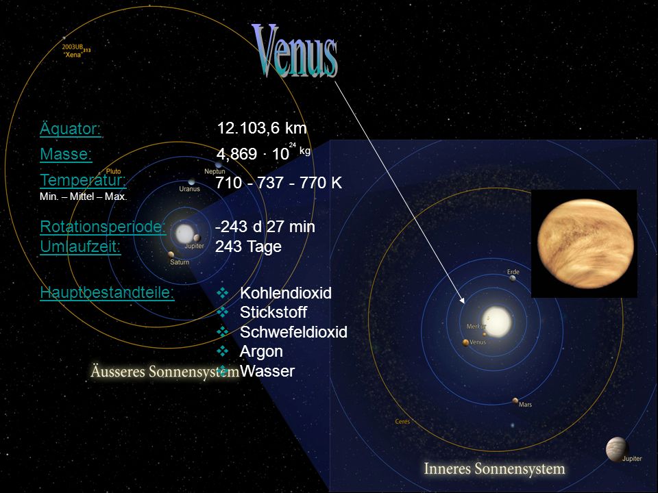 Venus Äquator: ,6 km Masse: 4,869 · 1024 kg Temperatur: