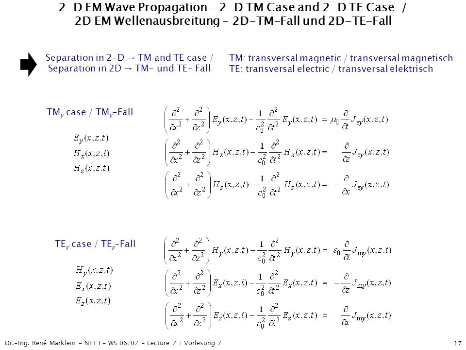 2-D EM Wave Propagation – 2-D TM Case and 2-D TE Case / 2D EM Wellenausbreitung – 2D-TM-Fall und 2D-TE-Fall