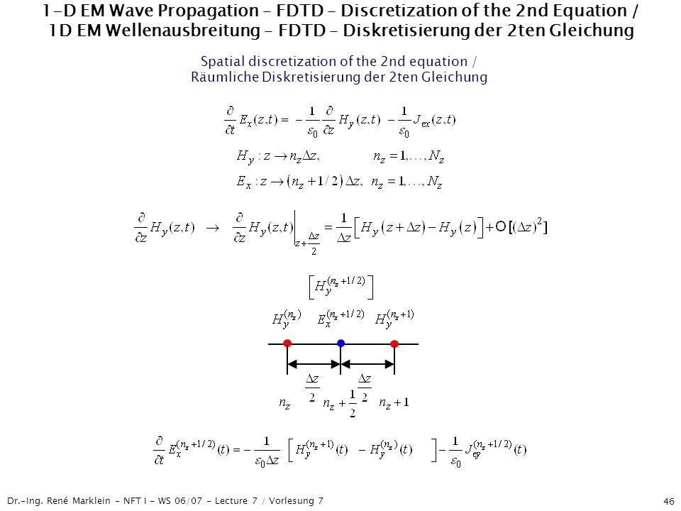 1-D EM Wave Propagation – FDTD – Discretization of the 2nd Equation / 1D EM Wellenausbreitung – FDTD – Diskretisierung der 2ten Gleichung