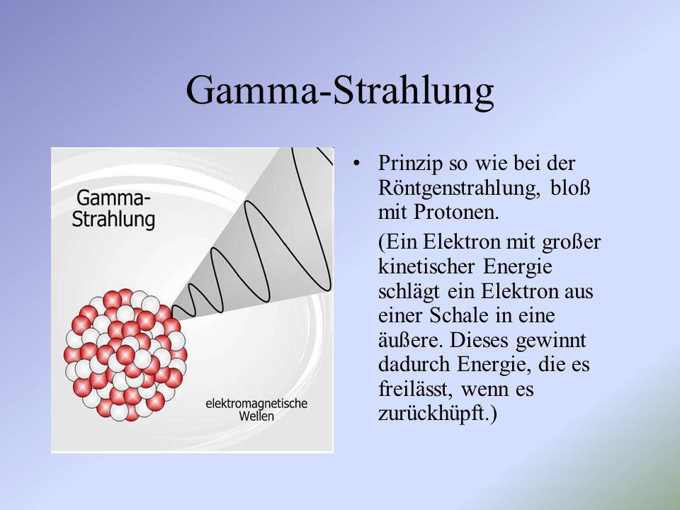 Gamma-Strahlung Prinzip so wie bei der Röntgenstrahlung, bloß mit Protonen.