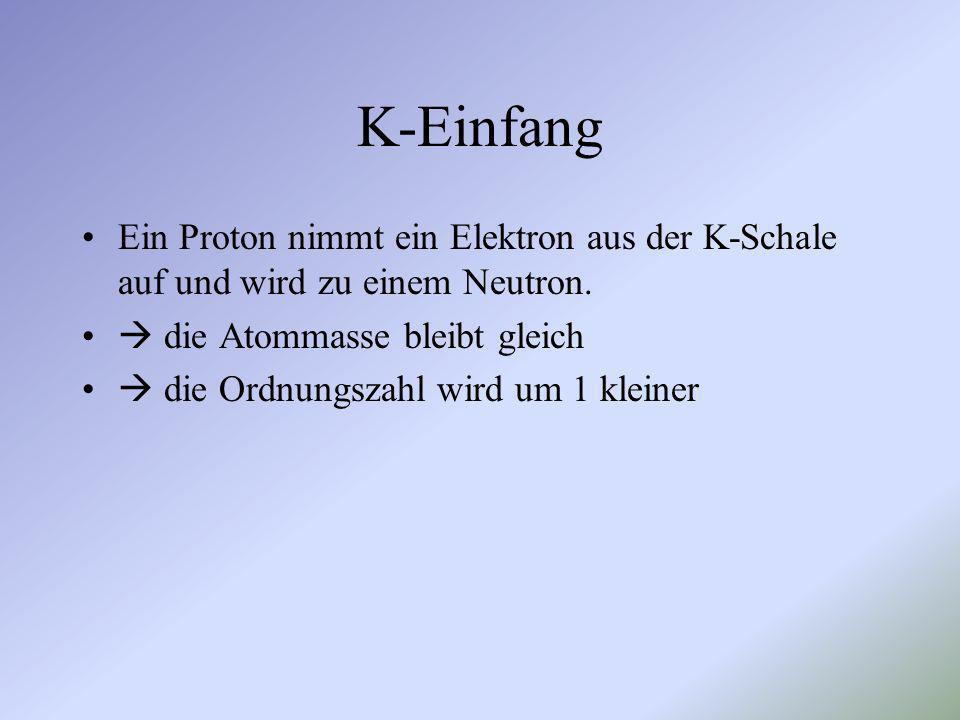 K-Einfang Ein Proton nimmt ein Elektron aus der K-Schale auf und wird zu einem Neutron.  die Atommasse bleibt gleich.