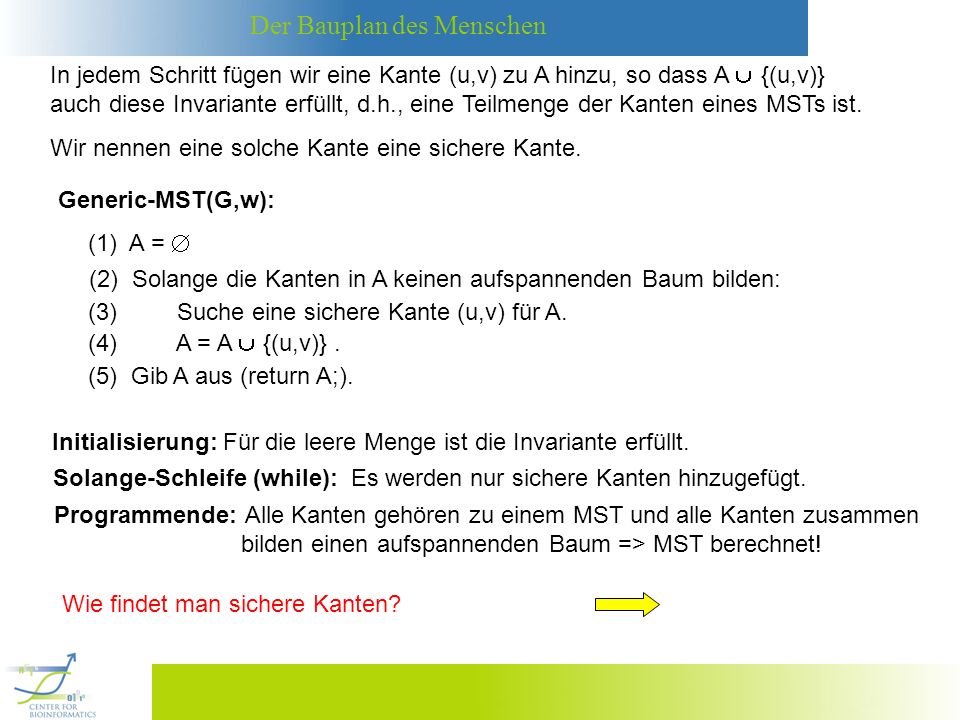 In jedem Schritt fügen wir eine Kante (u,v) zu A hinzu, so dass A  {(u,v)}