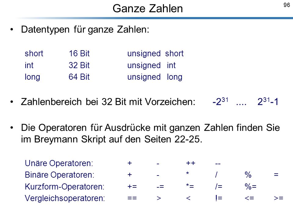 Ganze Zahlen Datentypen für ganze Zahlen: