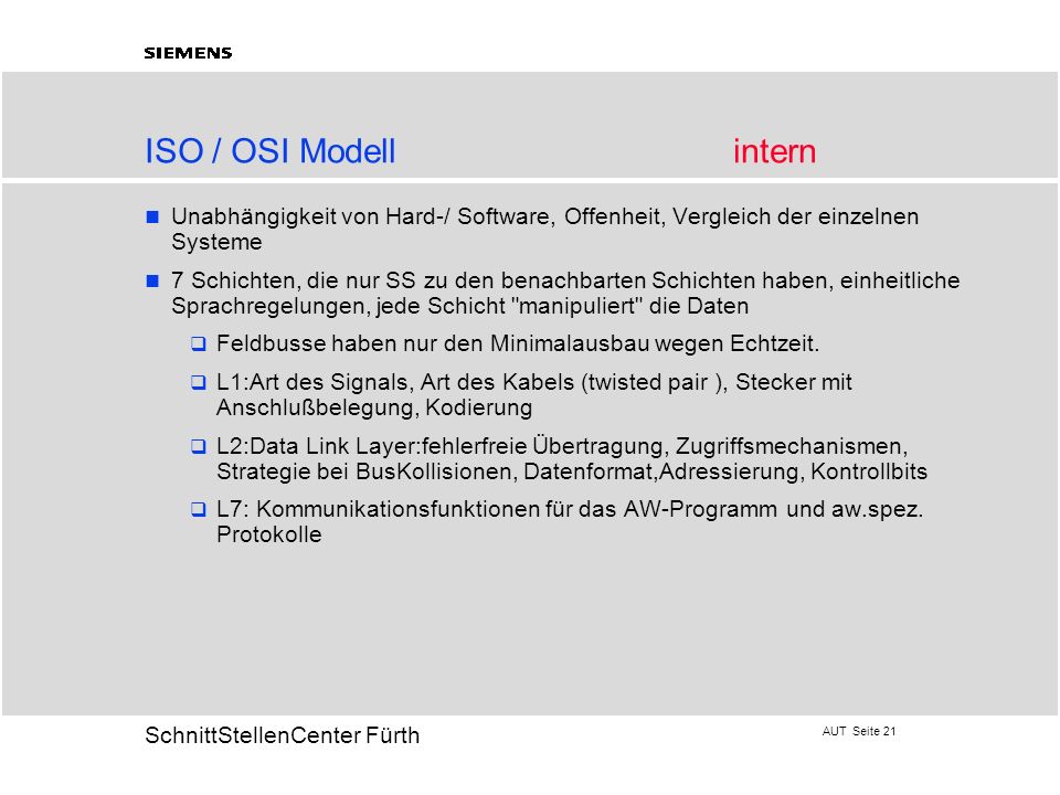 ISO / OSI Modell intern Unabhängigkeit von Hard-/ Software, Offenheit, Vergleich der einzelnen Systeme.