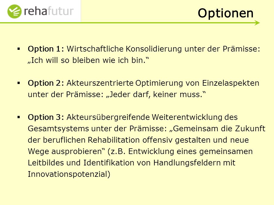 Optionen Option 1: Wirtschaftliche Konsolidierung unter der Prämisse: „Ich will so bleiben wie ich bin.