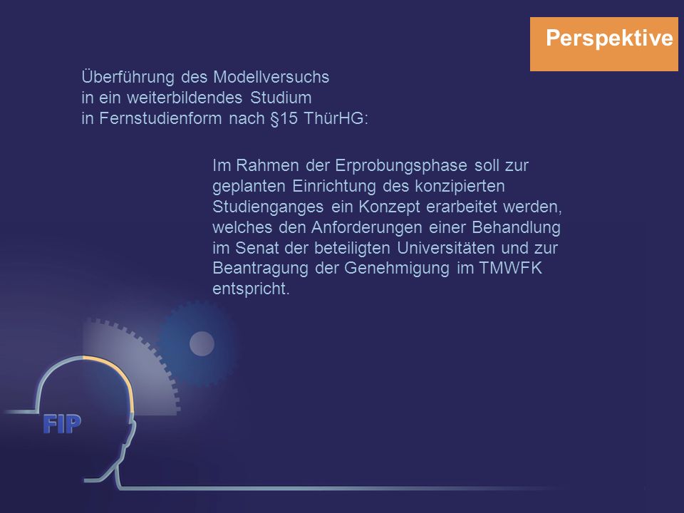 Perspektive Überführung des Modellversuchs in ein weiterbildendes Studium in Fernstudienform nach §15 ThürHG: