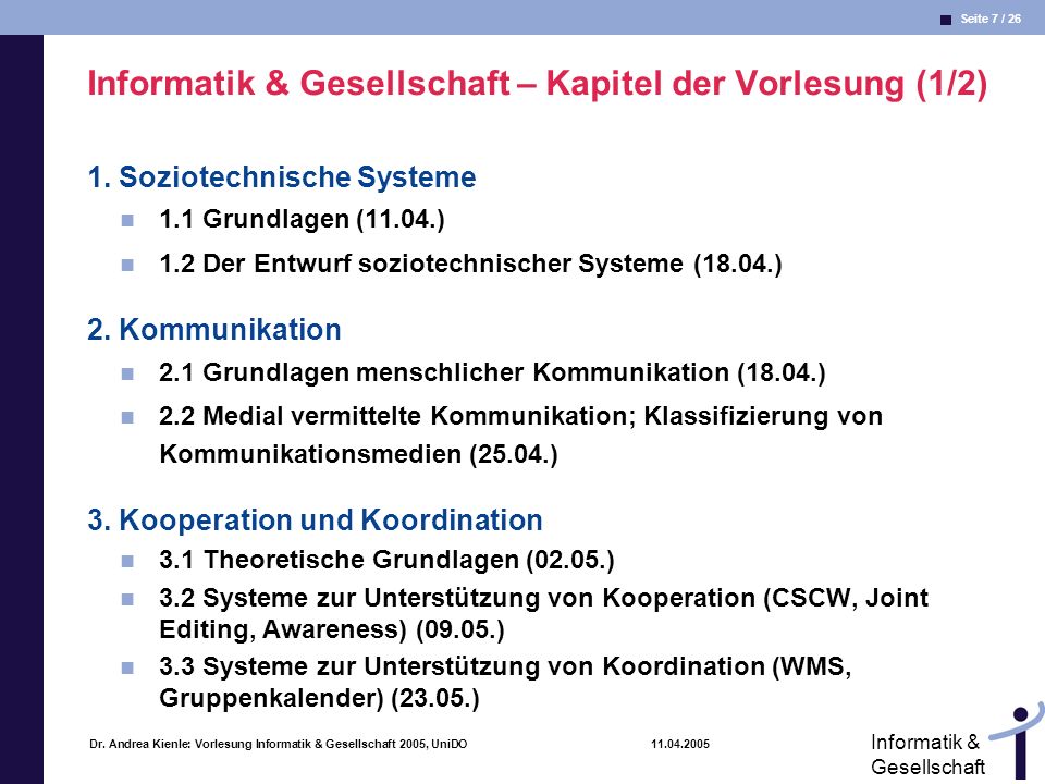 Informatik & Gesellschaft – Kapitel der Vorlesung (1/2)