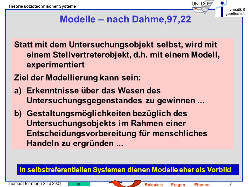Modelle – nach Dahme,97,22 Statt mit dem Untersuchungsobjekt selbst, wird mit einem Stellvertreterobjekt, d.h. mit einem Modell, experimentiert.