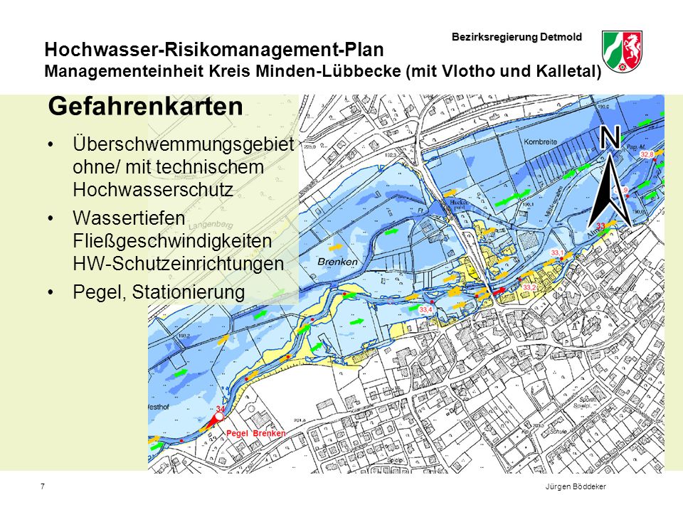 Gefahrenkarten Überschwemmungsgebiet ohne/ mit technischem Hochwasserschutz. Wassertiefen Fließgeschwindigkeiten HW-Schutzeinrichtungen.