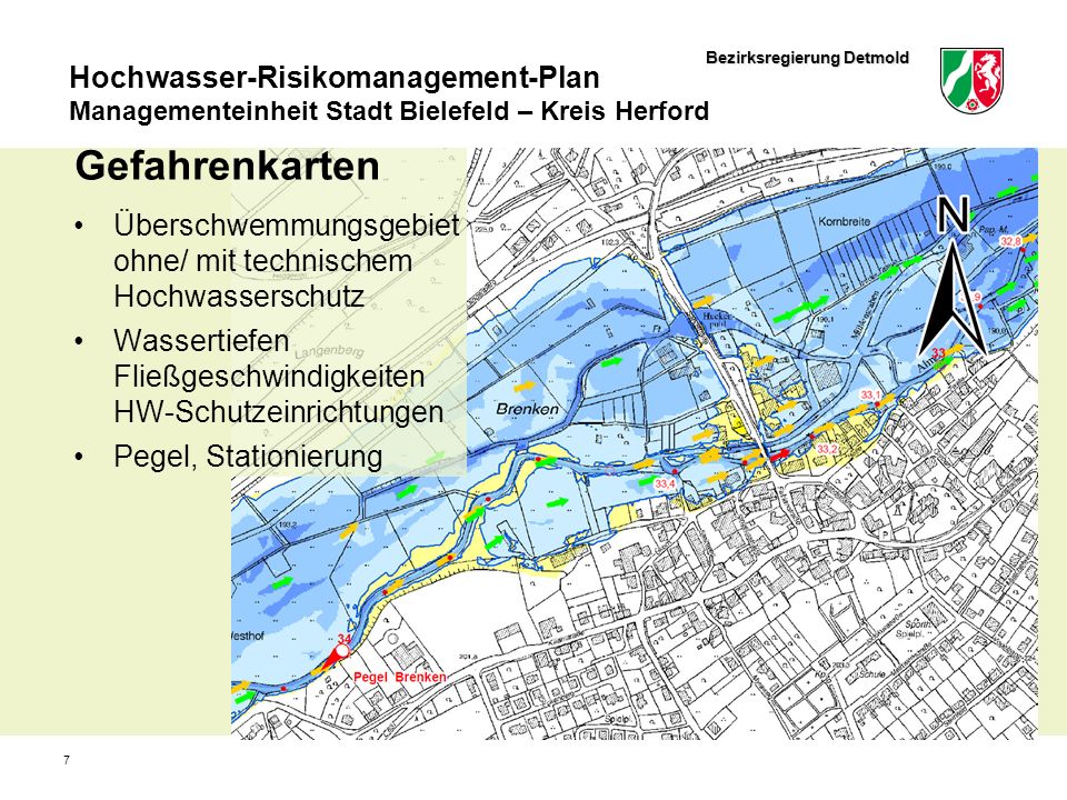 Gefahrenkarten Überschwemmungsgebiet ohne/ mit technischem Hochwasserschutz. Wassertiefen Fließgeschwindigkeiten HW-Schutzeinrichtungen.