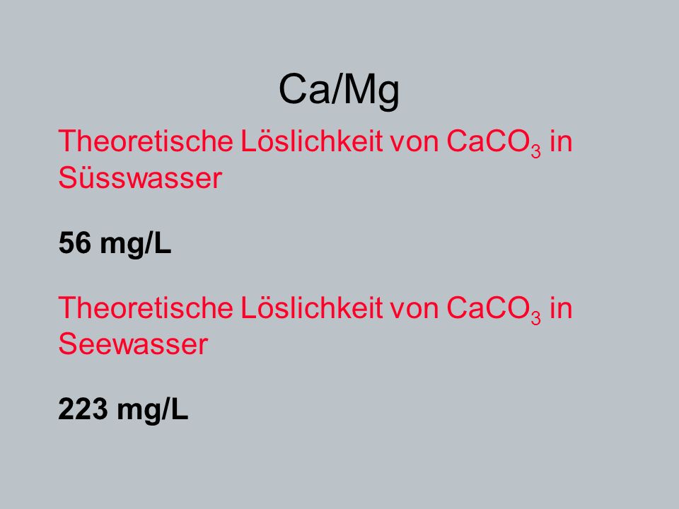 Ca/Mg Theoretische Löslichkeit von CaCO3 in Süsswasser 56 mg/L