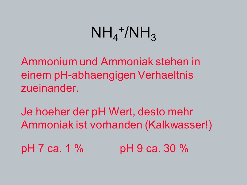 NH4+/NH3 Ammonium und Ammoniak stehen in einem pH-abhaengigen Verhaeltnis zueinander.